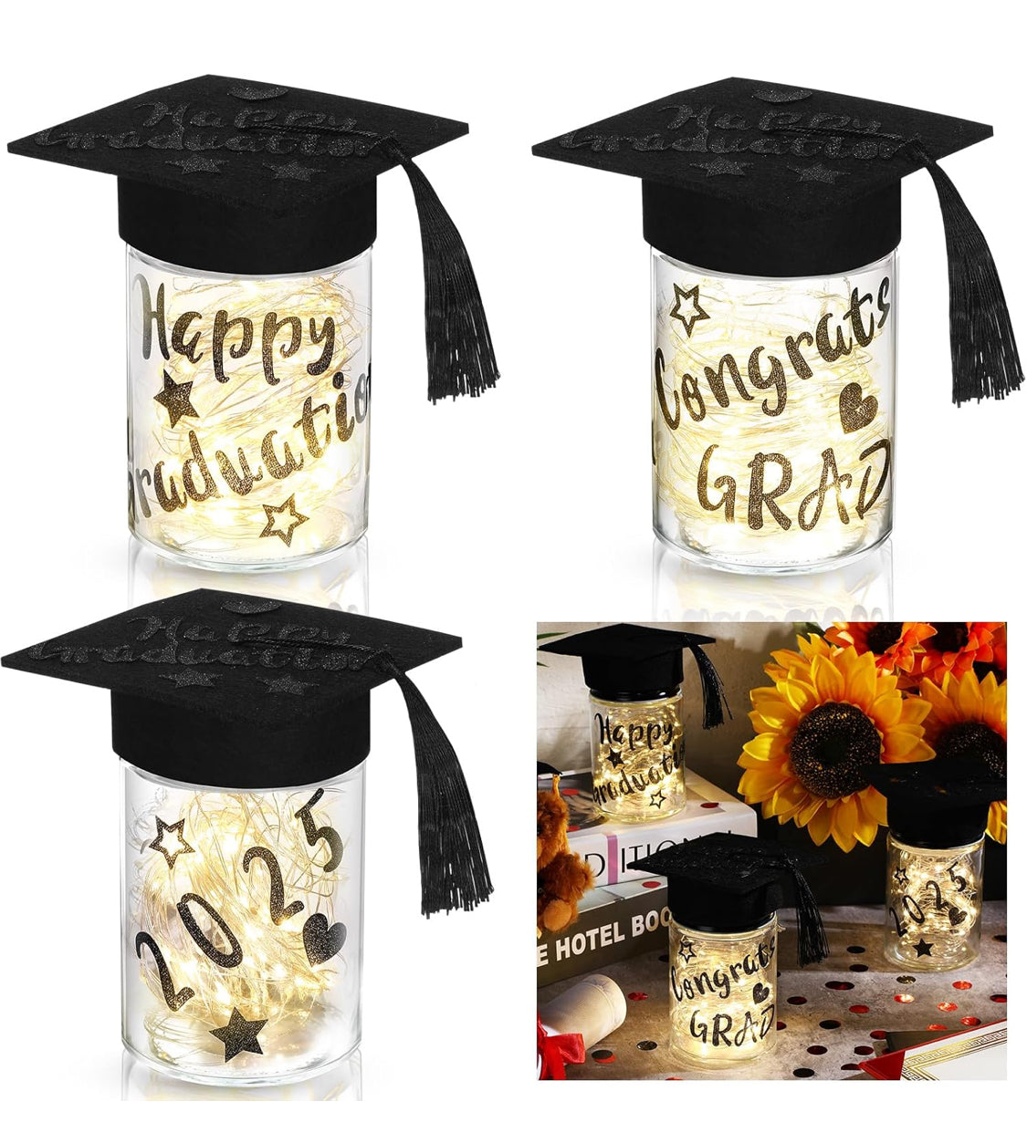 15 Pcs DIY Graduation Party Themed Plastic Jar Graduation Candy Gift LED Battery Operated Light Self Adhesive Glitter Alphabet Letter Stickers Graduation Cap Decoration Supplies(Black) - Flip It Now