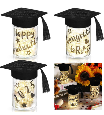 15 Pcs DIY Graduation Party Themed Plastic Jar Graduation Candy Gift LED Battery Operated Light Self Adhesive Glitter Alphabet Letter Stickers Graduation Cap Decoration Supplies(Black) - Flip It Now