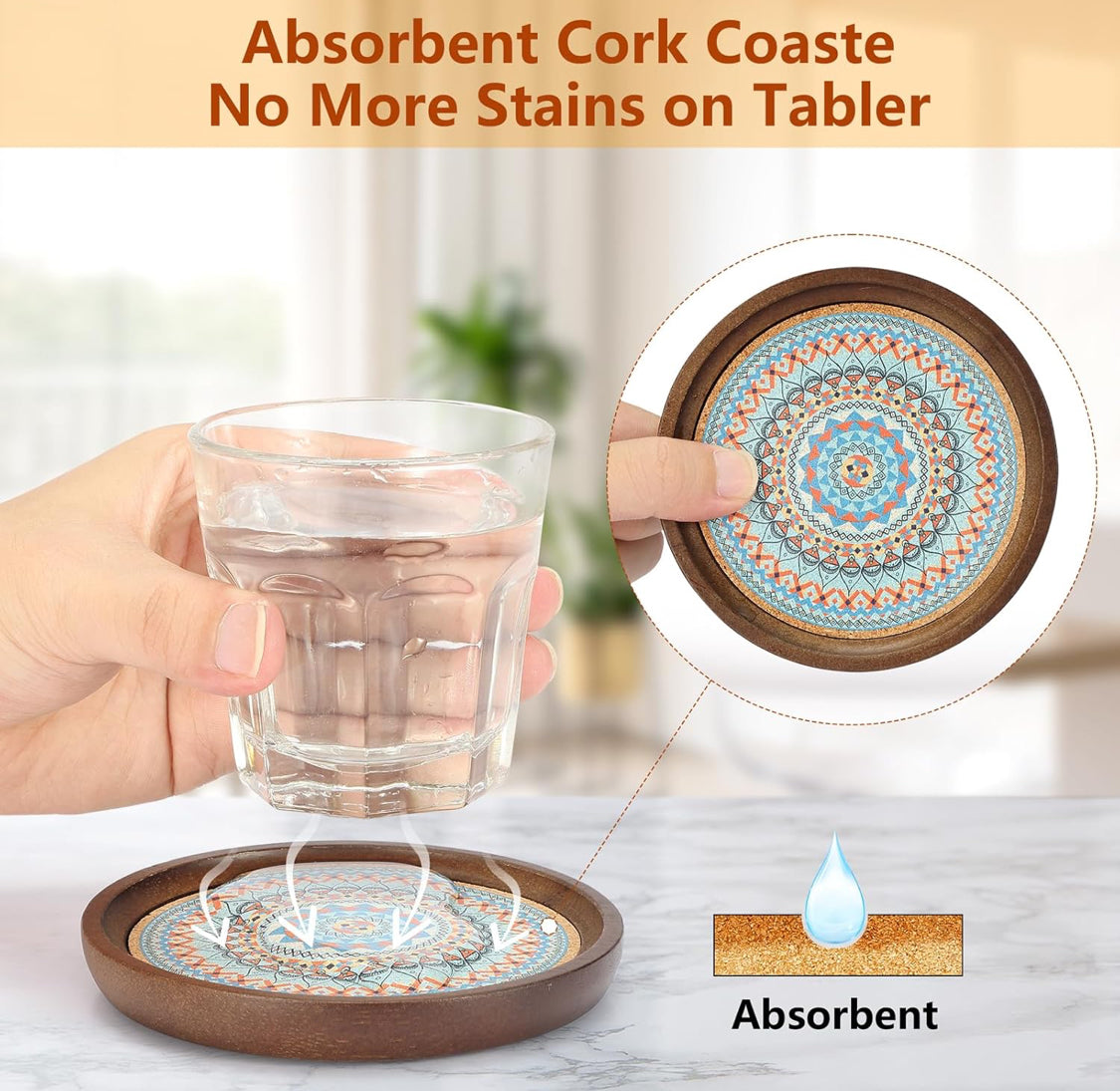 Stahala Wooden Drink Coasters,4.7 in Coasters for Drinks Absorbent Cork Coasters Set,Natural Wood Stackable Reusable Coasters for Home Office Coffee Bar Table,Rustic Gifts for New Home Friends