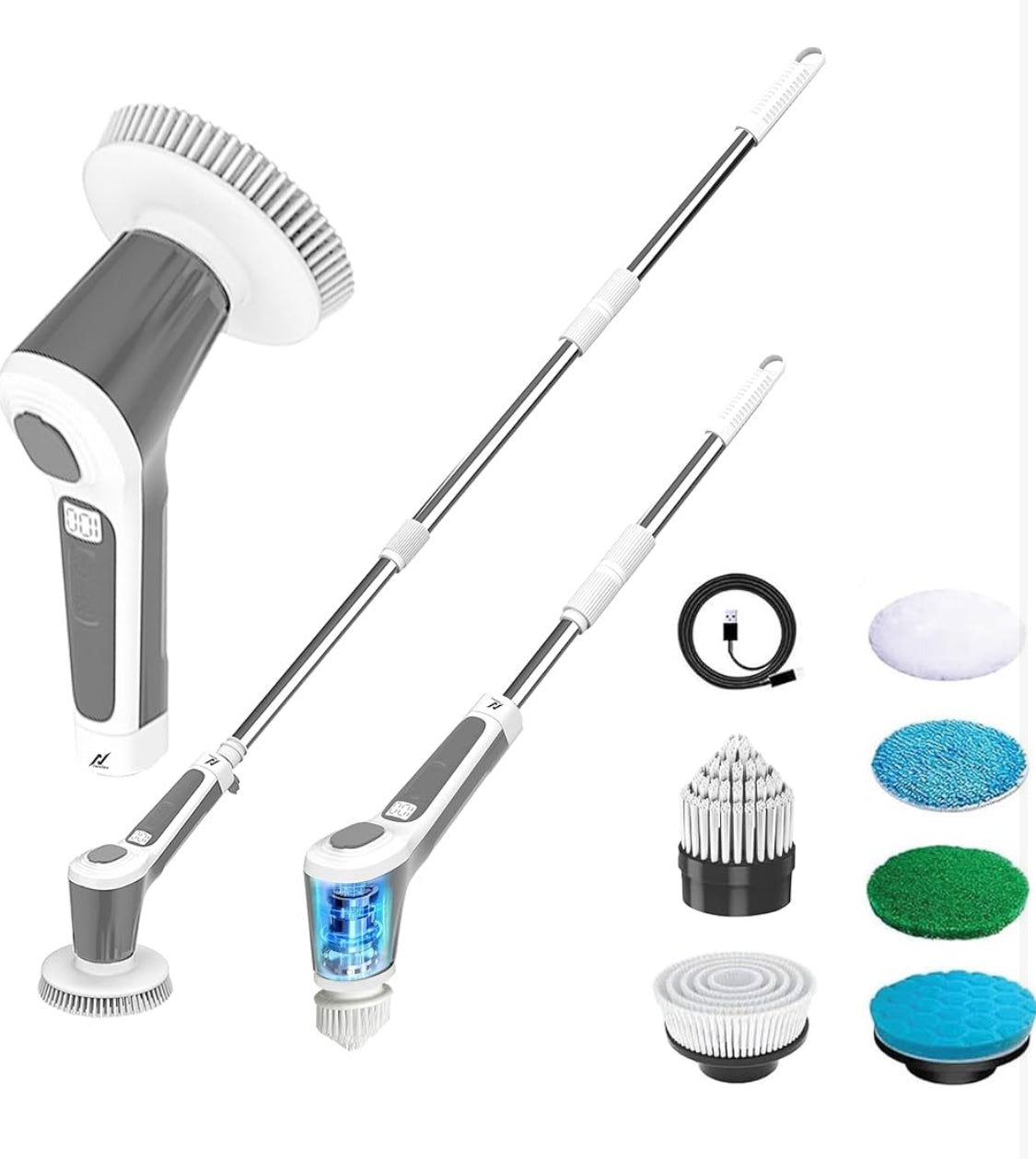 Electric Spin Scrubber, Cordless Cleaning Brush IPX7 Waterproof with 6 Replaceable Brush Heads, 2H Power Dual Speed, Shower Scrubber with Extension Handle for Bathroom Tub Tile Floor Car