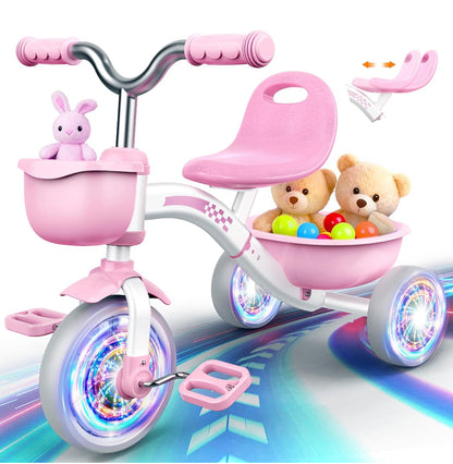 Toddler Tricycle for 1-3 3-5 Year Olds, 2 3 4 5 Year Old Girl Xmas Birthday Gifts, Pink Toddler Baby Bike, 4-Level Adjustable Seat, 3 Color Light Wheels, 2 Baskets, Outdoor Toys for Ages 2-4