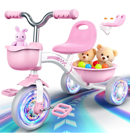 Toddler Tricycle for 1-3 3-5 Year Olds, 2 3 4 5 Year Old Girl Xmas Birthday Gifts, Pink Toddler Baby Bike, 4-Level Adjustable Seat, 3 Color Light Wheels, 2 Baskets, Outdoor Toys for Ages 2-4