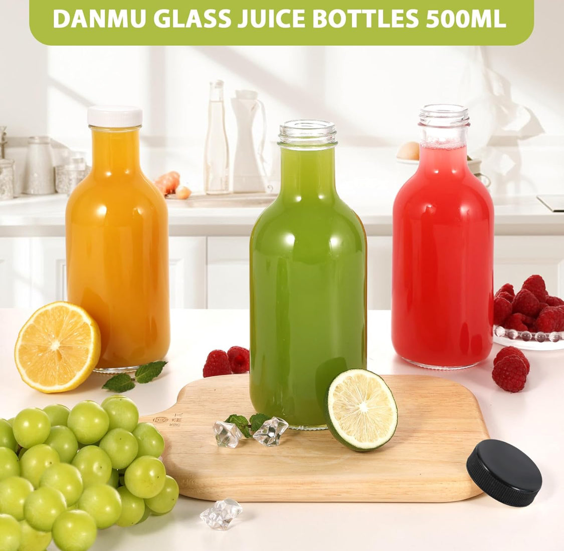 Danmu 10 Pack Glass Juice Bottles with Lids 16 oz,Juicing Bottles Reusable Glass 100% Leakproof for Juicing,Water,Kombucha,Milk,Milkshake,Coffee,Dishwasher Safe