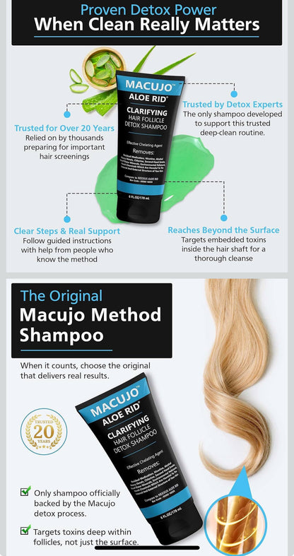 Macujo Aloe Rid Detox Shampoo Method Effective Chelating Agent for Pollutants, Residual Medications, Nicotine, Alcohol, Chlorine, 2nd Hand-Smoke, Heavy Metals