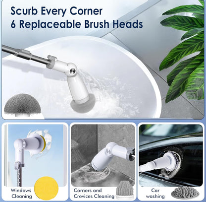 Marchpower Electric Spin Scrubber, Power Shower Scrubber Cordless Cleaning Brush 6 Replaceable Brush Heads, 2 Speeds, Adjustable Detachable Handle, IPX7 Waterproof Bathroom Scrubber Tub Tile Floor