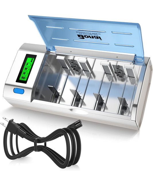 BONAI LCD Battery Charger for C D AA AAA NiMH NiCD & 9V Lithium Rechargeable Batteries with Discharge Function and AC Plug Fast Charging
