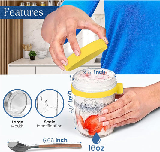 Gift Set Overnight Oats Containers with Lids, 16oz Overnight Oats Jars, 3 Pack Oatmeal Containers with Lids (Green + blue + Yellow) - Flip It Now