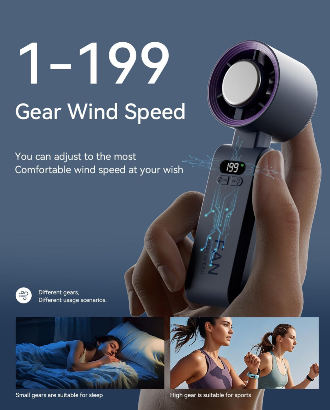 Kimguard Handheld Portable Turbo Fan with Ice Cooler, Speed (1-199) Rechargeable Personal Fan[20000 RPM] Small Pocket Fans for Travel/Outdoor/Home/Office, Purple - Flip It Now