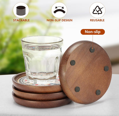 Stahala Wooden Drink Coasters,4.7 in Coasters for Drinks Absorbent Cork Coasters Set,Natural Wood Stackable Reusable Coasters for Home Office Coffee Bar Table,Rustic Gifts for New Home Friends