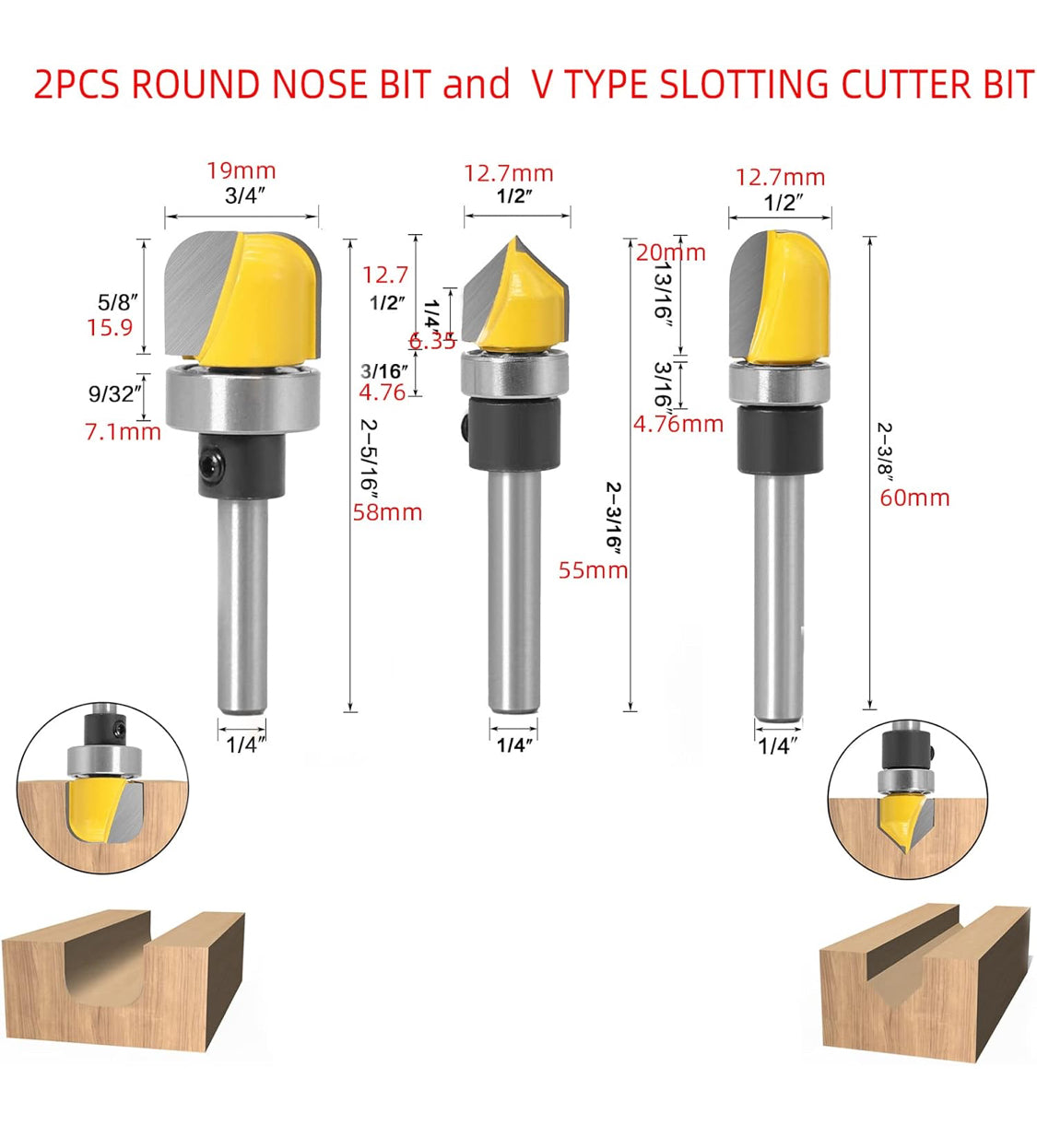 1/4 Shank 6PC Bearing Set Router Bit Template Router planing Head Set with Ball Bearing Engraving Router planing Head Wood Cutter Woodworking Tools Carving Cutting Tool - Flip It Now