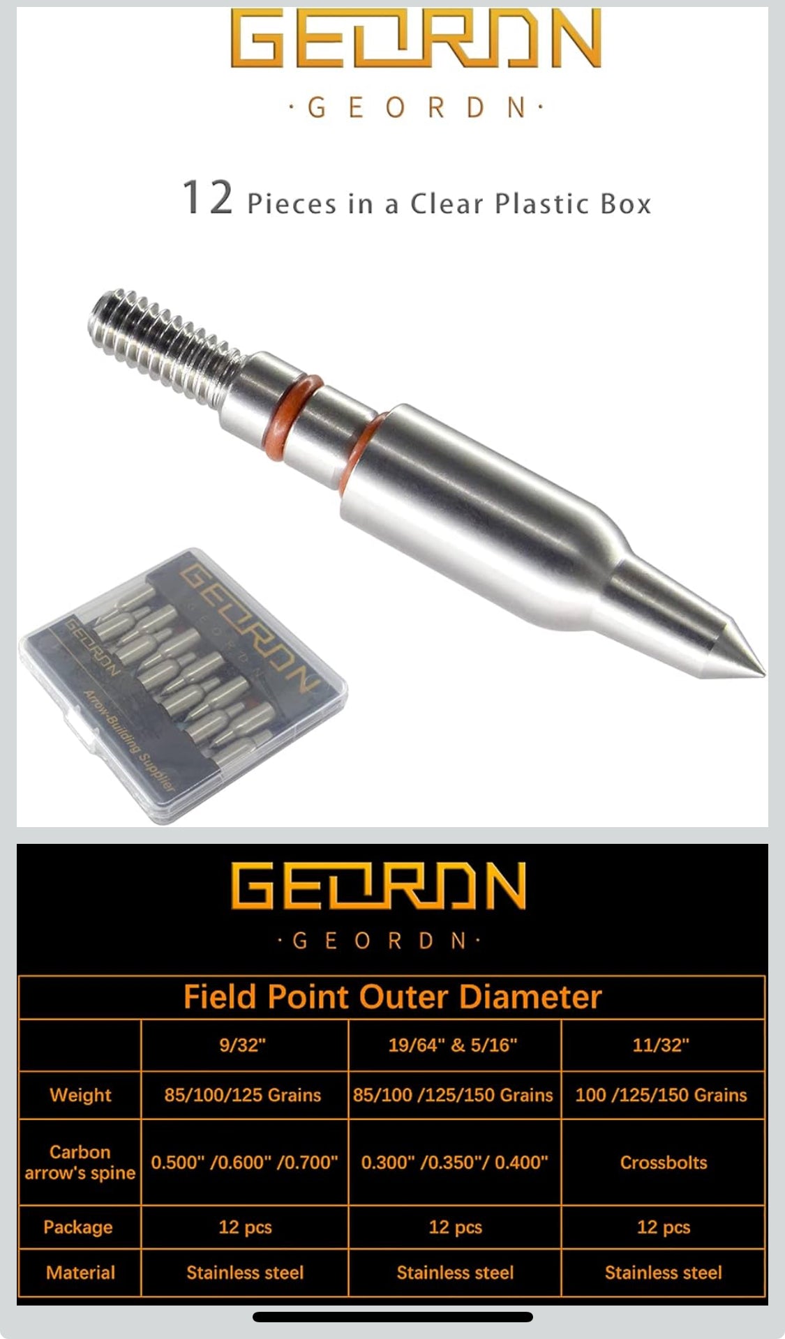 (5)Geordn Stainless Steel Arrow Field Points 100/125/150/175/200 Grains Practice Archery Arrow Target Bullet Point Combo Point 12 PCS - Flip It Now