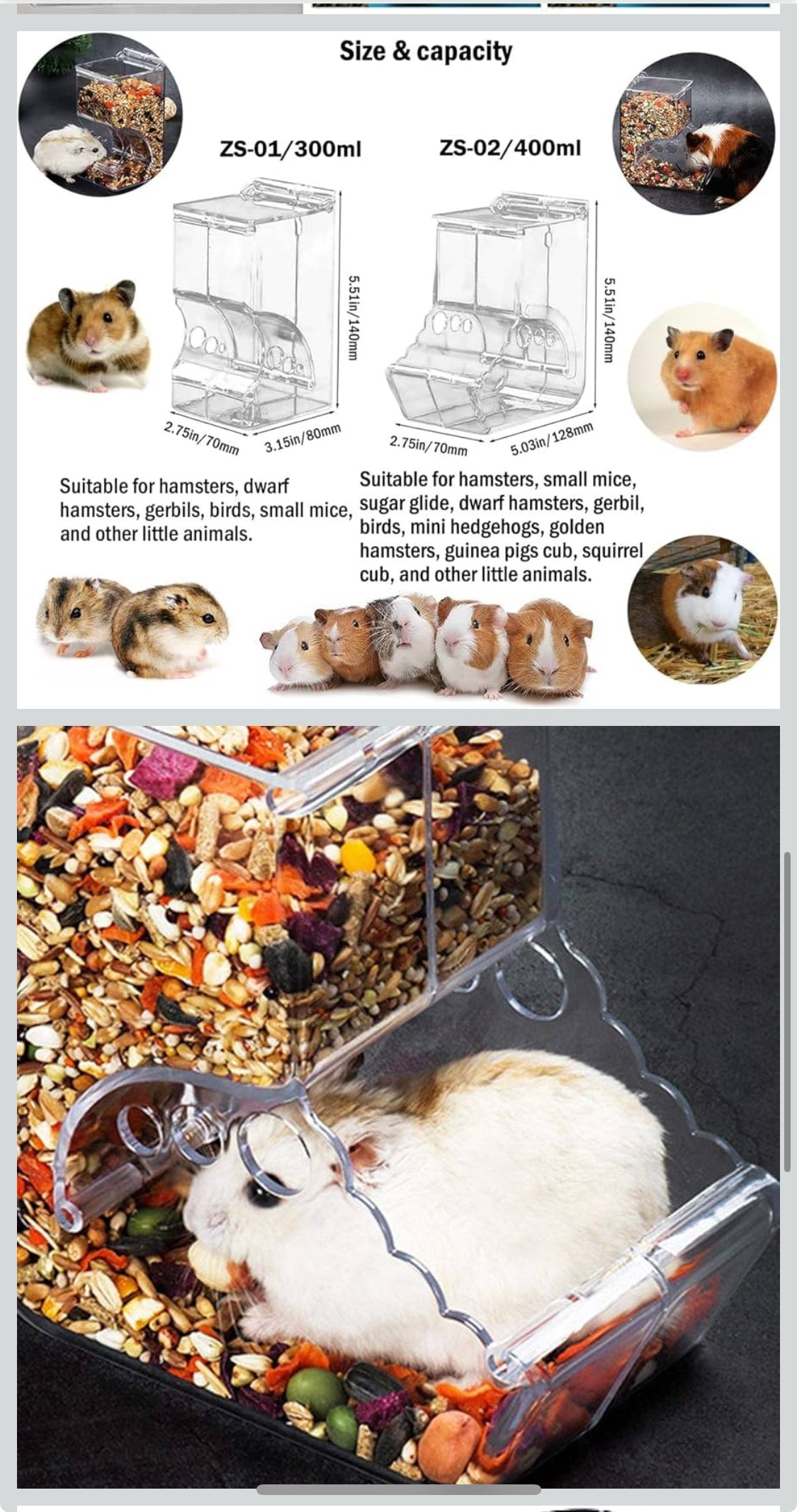 Hamsters Feeder Small Animals Automatic Dispenser Acrylic Clear Pet Food Storage Bowl for Dwarf Hamster Gerbils Mice Hedgehog Guinea Pig Pigeon Parrots (400ML) - Flip It Now