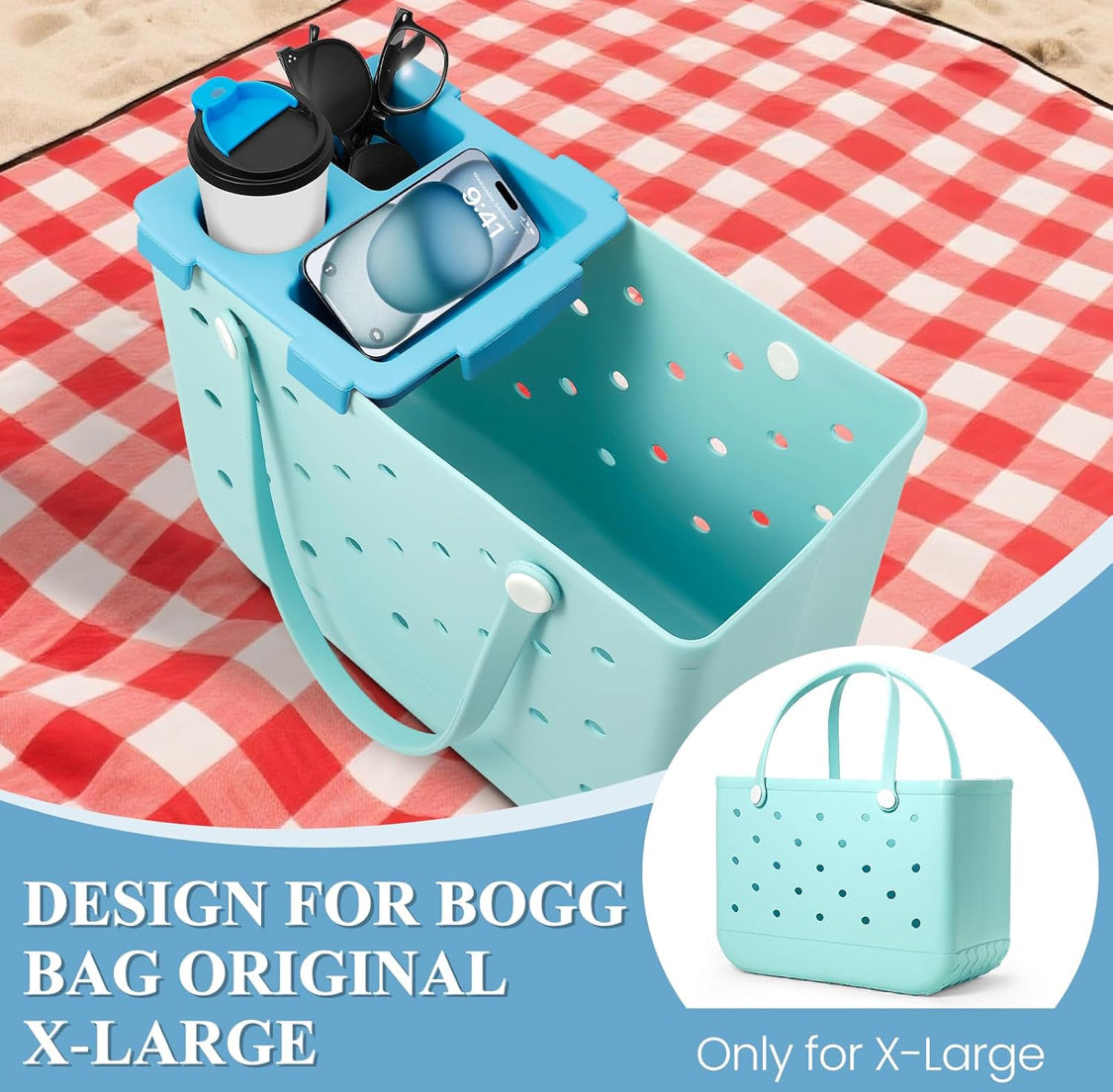 Half Topper Tray Accessories for Bogg Bag X-Large, Waterproof EVA Phone Holder & Top Cup Holder Fit for Stanley Cup 40oz - Organizer & Tray Topper for Bogg Bag (Blue)