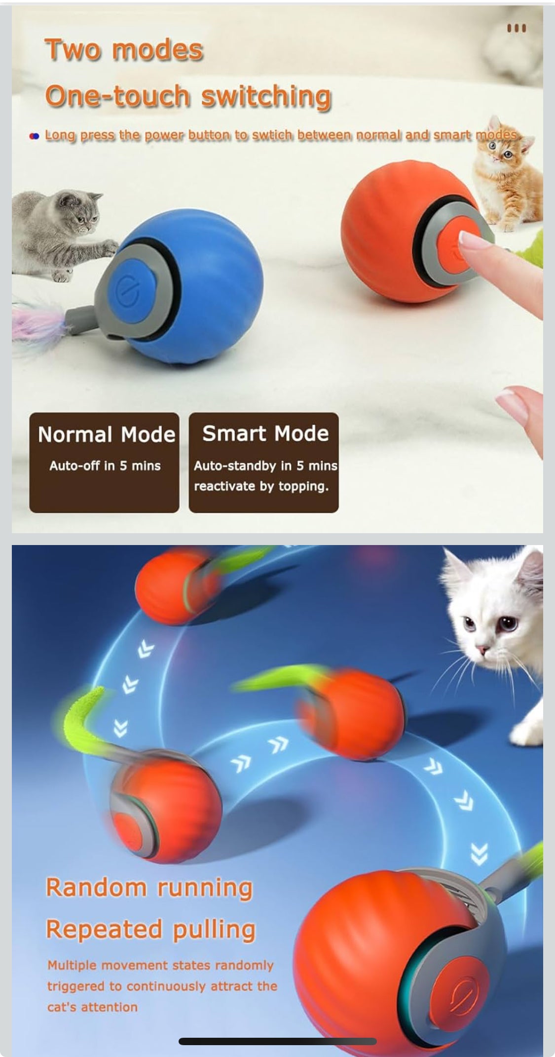 Interactive Cat Toy Ball,Speedy Tail2.0 Cat Toy,Automatic Interactive Cat Toys for Indoor Cats with 2 Tails,2Speeds Rechargeable Cat Enrichment Toys for Small/Medium/Large Cats to Keep Them Busy(Blue) - Flip It Now