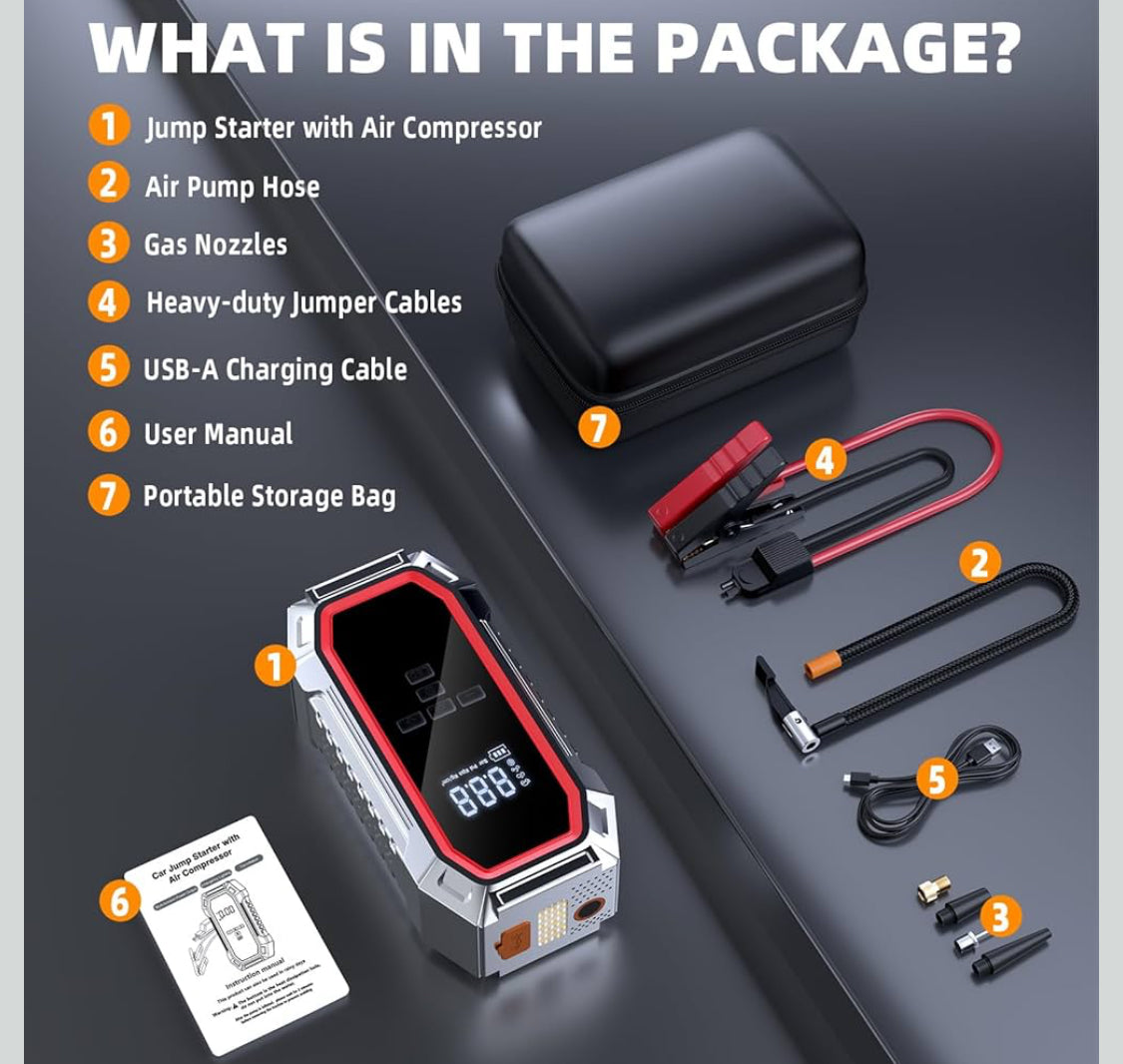 Jump Starter with Air Compressor, 5000A Peak Car Battery Jump Starter(9.0 Gas/8.0L Diesel), 160PSI 12V Jump Box Car Battery Jumper Starter Portable with Smart Jumper Cables, LED Lights, LCD Display