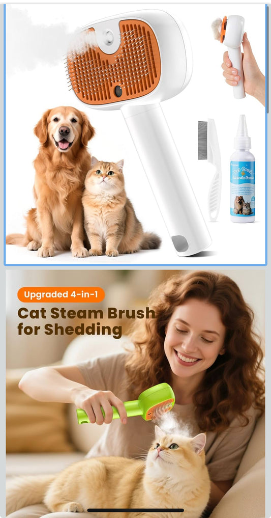 4-in-1 Cat Steam Brush, 2025 Upgraded Pet Steam Brush for Indoor Cats Dogs Spray Hair Removal Comb, 2 Spray Self-Cleaning Dog Brushes for Shedding,Massage,Cleaning Grooming (White) - Flip It Now