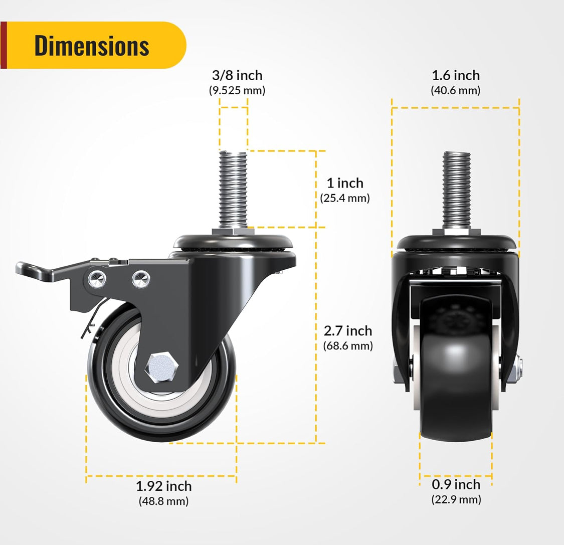 HOLKIE Stem Caster Wheels 2 inch Total Locking Casters Set of 4, Threaded Stem 3/8" -16 x 1 (Diameter 3/8", Length 1") Swivel Heavy Duty Castors - Flip It Now