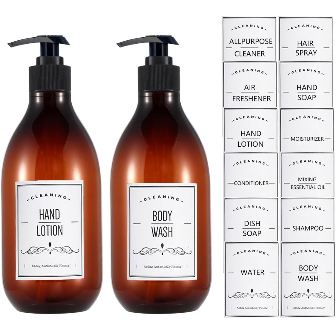 2 Pack Pump Bottle Dispenser, 16 oz Plastic Lotion Bottle with Pump for Body Oil, 500ml Amber Refillable Containers with 12 Labels for Shampoo Body Wash Hand Dish Soap - Flip It Now