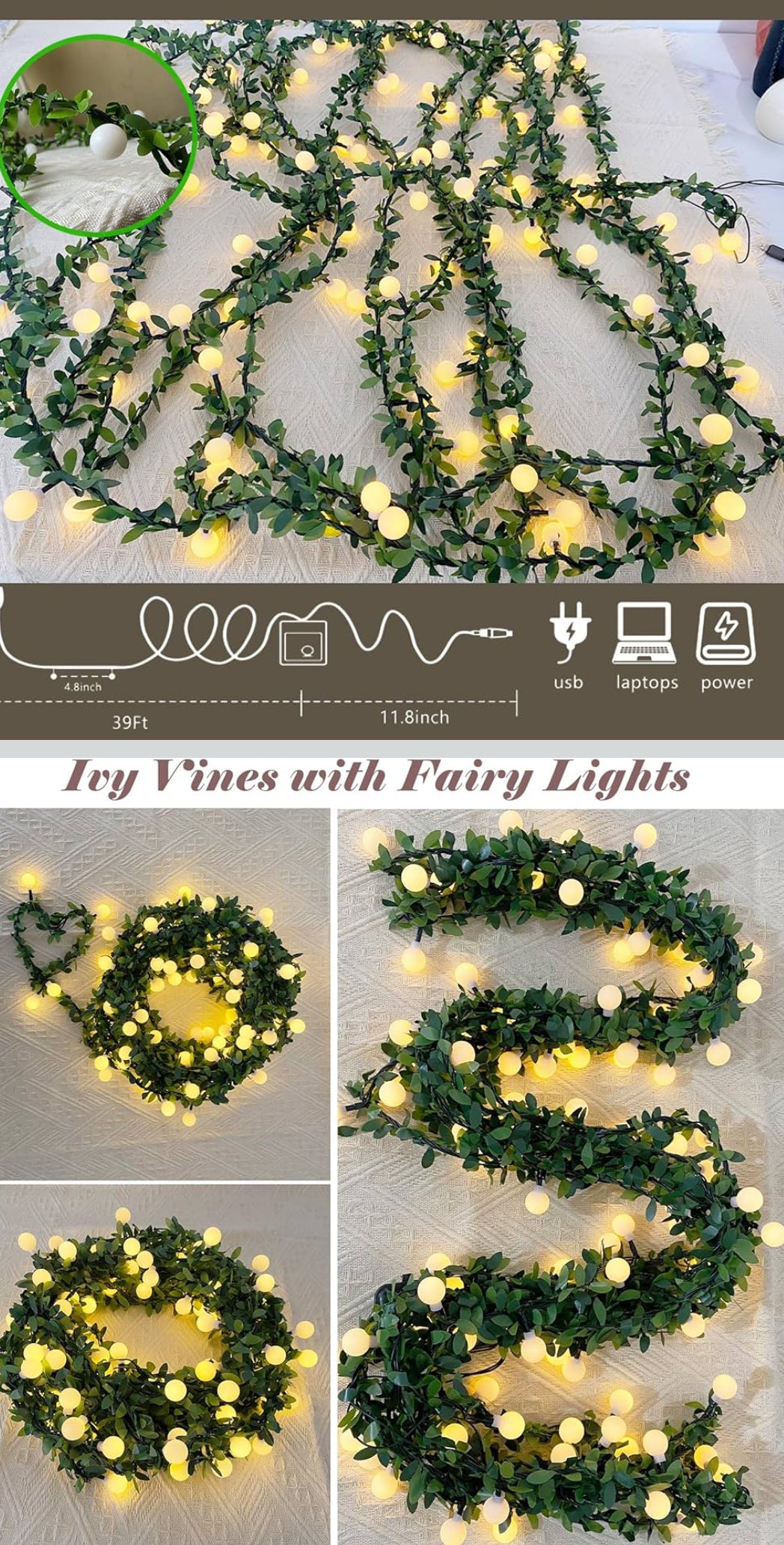 100 LED Vine with Fairy Lights Battery Operated,39 Ft 8 Modes Globe Ivy String Lights,Green Vines with Lights for Bedroom,Room,Wall,Garden,Party,Wedding,Christmas Décor(Warm White - Flip It Now