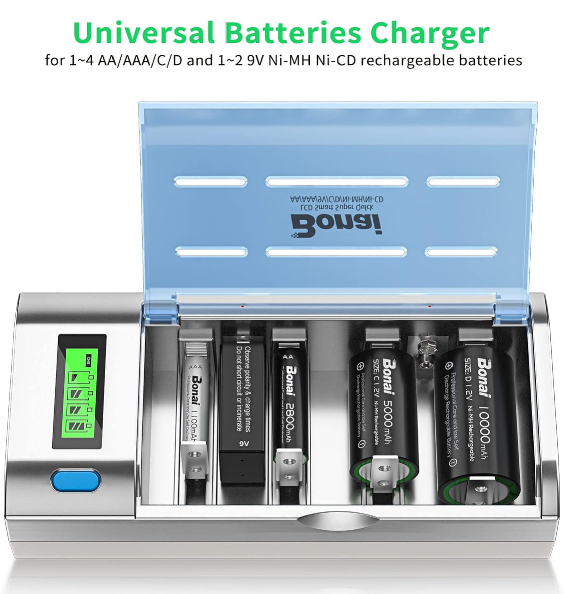 BONAI LCD Battery Charger for C D AA AAA NiMH NiCD & 9V Lithium Rechargeable Batteries with Discharge Function and AC Plug Fast Charging