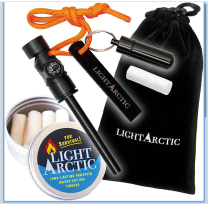 (2) Ferro Rod Fire Starter Kit Survival Gear by LightArctic: 7-in-1 Flint and Steel Includes Compass, Whistle, 11 pcs Waxed Tinders with Waterproof Capsule - Tested in The Most Extreme Weather Conditions