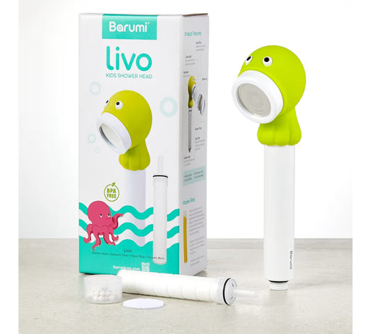 Barumi Livo Handheld Filtered Showerhead for Kids - Octopus Lime | Micro Laser-Cut for Soft Water Spray, Multi-Level Filtration Removes Chlorine and Impurities for Skin and Hair