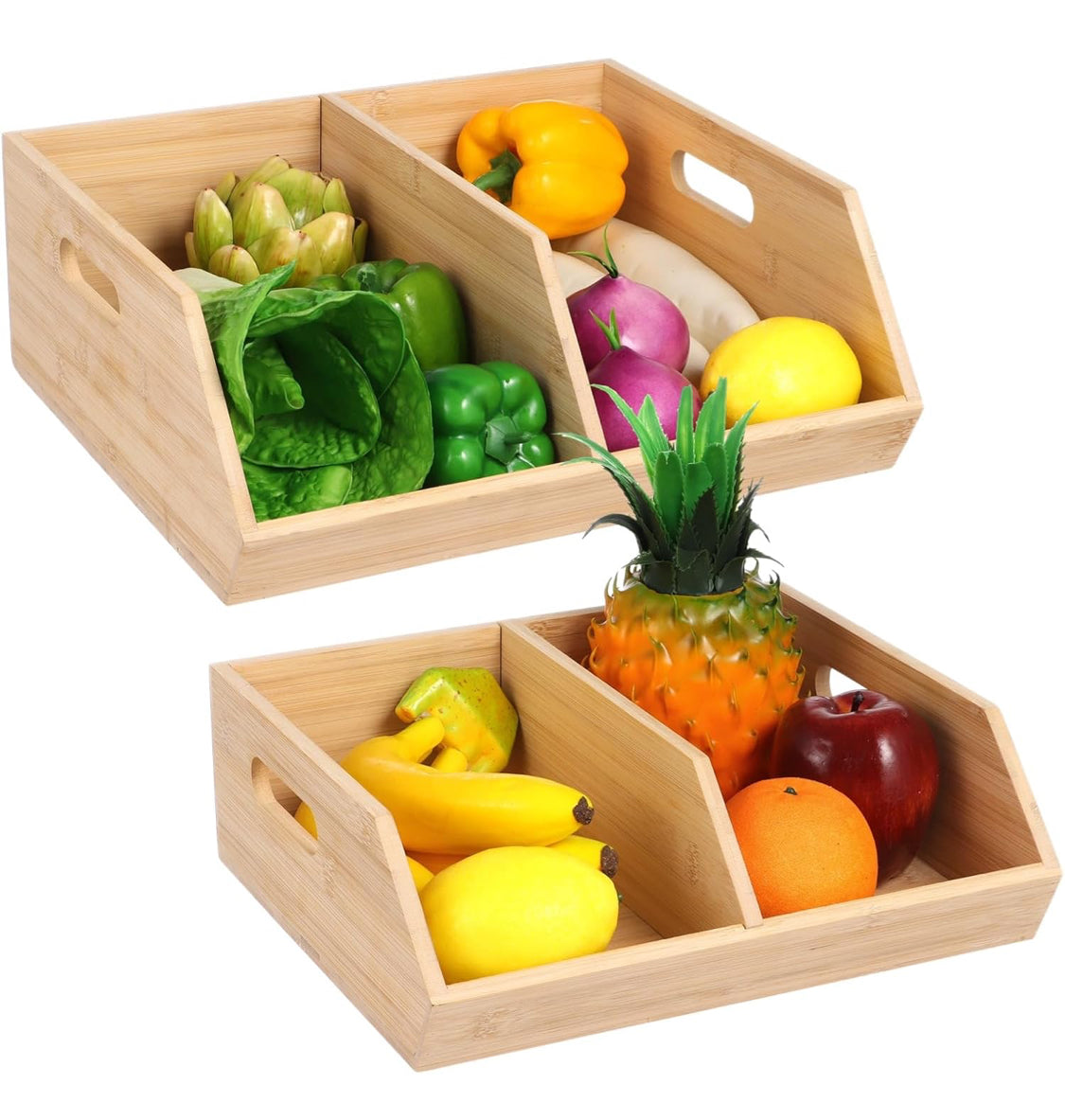 2 Pack Bamboo Storage Bins for Pantry Organization, Potato Onion Storage Containers - Kitchen Countertop Fruit Basket, Vegetable Produce Storage (2 Sizes)