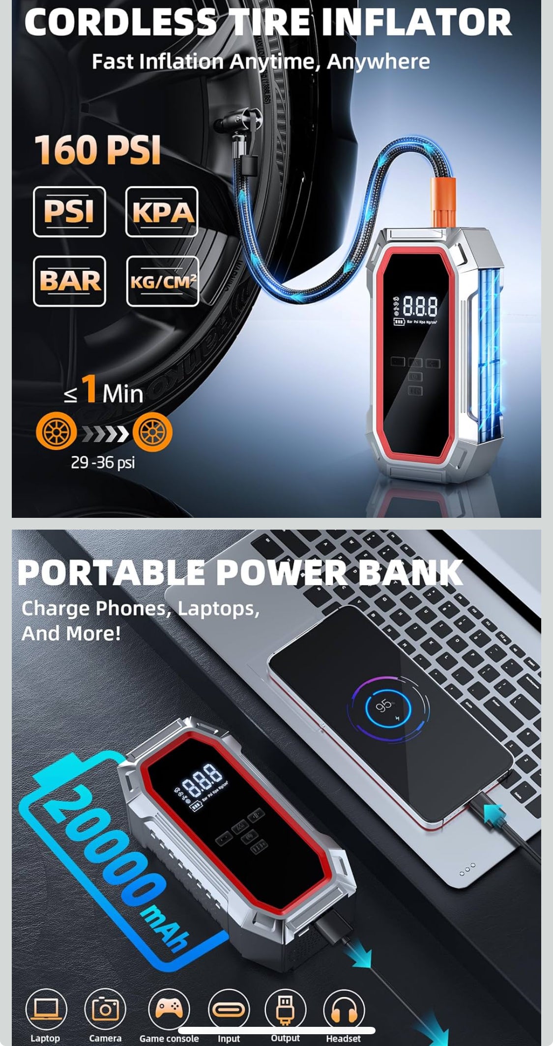 Jump Starter with Air Compressor, 5000A Peak Car Battery Jump Starter(9.0 Gas/8.0L Diesel), 160PSI 12V Jump Box Car Battery Jumper Starter Portable with Smart Jumper Cables, LED Lights, LCD Display