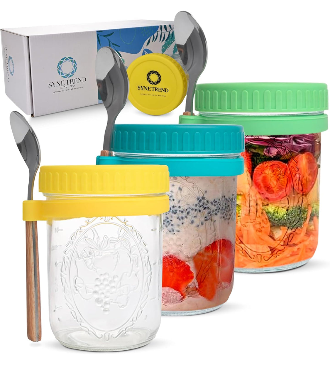 Gift Set Overnight Oats Containers with Lids, 16oz Overnight Oats Jars, 3 Pack Oatmeal Containers with Lids (Green + blue + Yellow) - Flip It Now