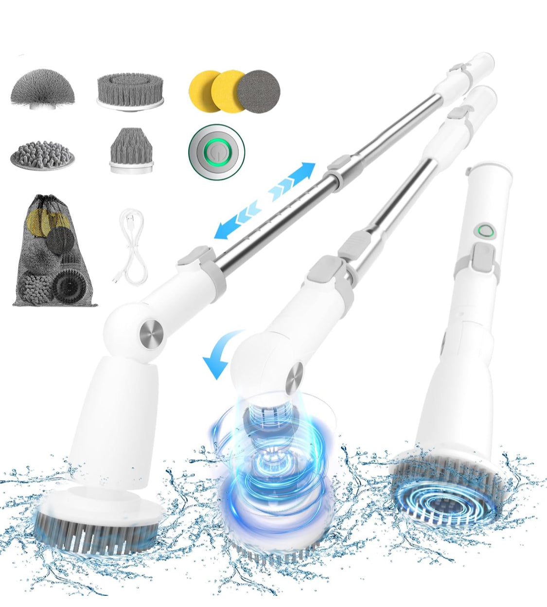 Marchpower Electric Spin Scrubber, Power Shower Scrubber Cordless Cleaning Brush 6 Replaceable Brush Heads, 2 Speeds, Adjustable Detachable Handle, IPX7 Waterproof Bathroom Scrubber Tub Tile Floor