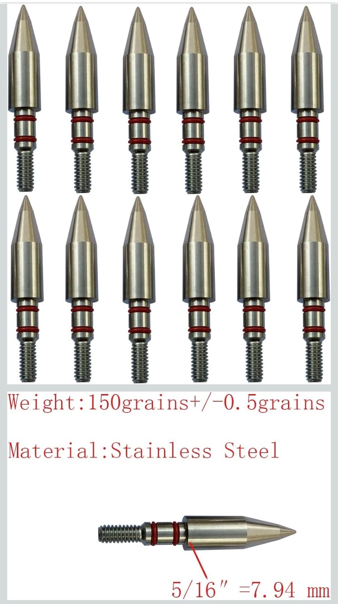 (5)Geordn Stainless Steel Arrow Field Points 100/125/150/175/200 Grains Practice Archery Arrow Target Bullet Point Combo Point 12 PCS - Flip It Now
