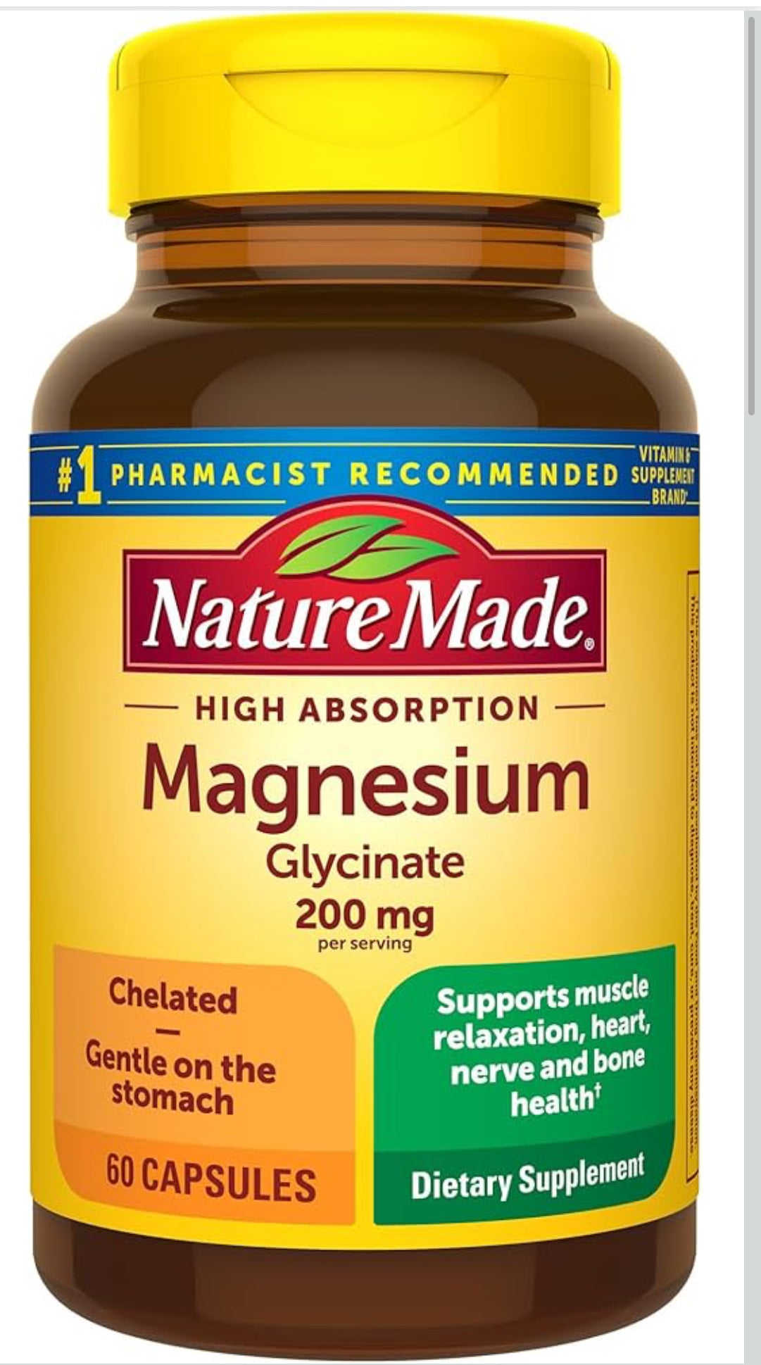 Nature Made Magnesium Glycinate 200 mg per Serving, Magnesium Supplement for Muscle, Heart, Nerve and Bone Support, 60 Magnesium Bisglycinate Capsules, 30 Day Supply - Flip It Now