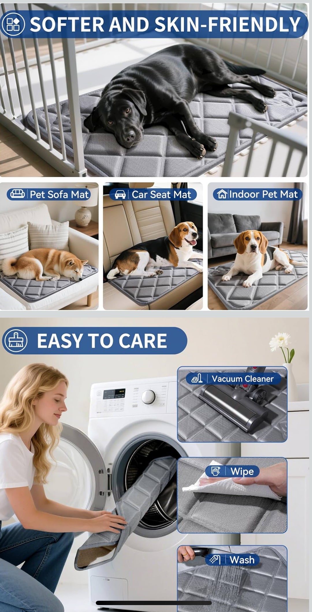 Dog Bed Mat, Soft Foam Kennel Pad Washable Pet Dog Crate Pad with Anti-Slip Bottom for Small/Medium Dogs, Grey 23x34” - Flip It Now