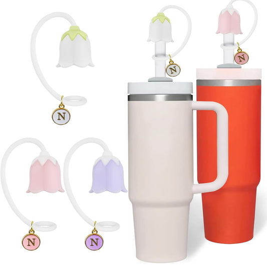 3Pcs for Stanley Cup Straw Cover Toppers with Letter Charm, 10mm Silicone Tulip Flower Straw Covers Lid Topper Straw Caps for Stanleys Cups Water Bottle Simple Modern Yeti Hydroflask Owala 30 40 oz - Flip It Now