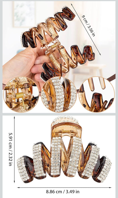 9Pcs Large Rhinestone Hair Clips, Crystal Jaw Clips Hairpin for Thick Hair, Fashion Hair Clamp Catch Barrette Hair Accessories for Women Girls+ 6PCS Bow Hair Clips Leopard Twist Bow Leather Flat Clip, Non-slip Flat Hair Clips for Women, Flat Claw Clip fo - Flip It Now