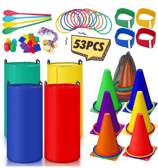 53PCS Outdoor Lawn Carnival Games Bean Bags Ring Toss Set Potato Sack Race Bags Egg and Spoon Race Party for Kid Adult Family，Birthday Party Family Reunion Outside Field Day Easter Games