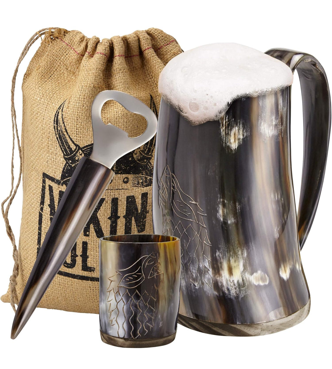 Viking Horn Mug Gift Set for Men – Authentic 16oz Ox Horn Beer Tankard with Shot Glass, Bottle Opener & Gift Bag – Handcrafted Viking Drinking Mug for Dad, Husband, Boyfriend – Christmas Gifts