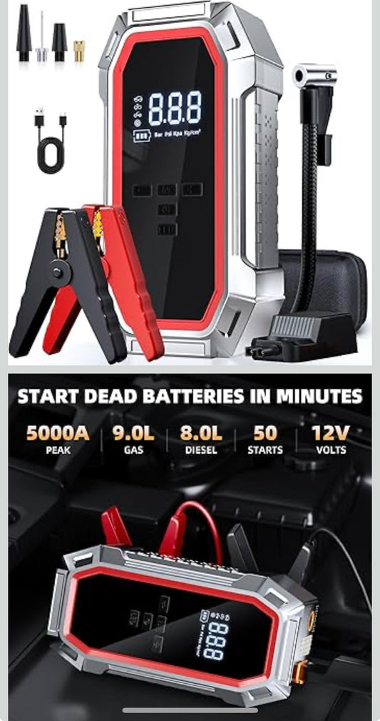 Jump Starter with Air Compressor, 5000A Peak Car Battery Jump Starter(9.0 Gas/8.0L Diesel), 160PSI 12V Jump Box Car Battery Jumper Starter Portable with Smart Jumper Cables, LED Lights, LCD Display