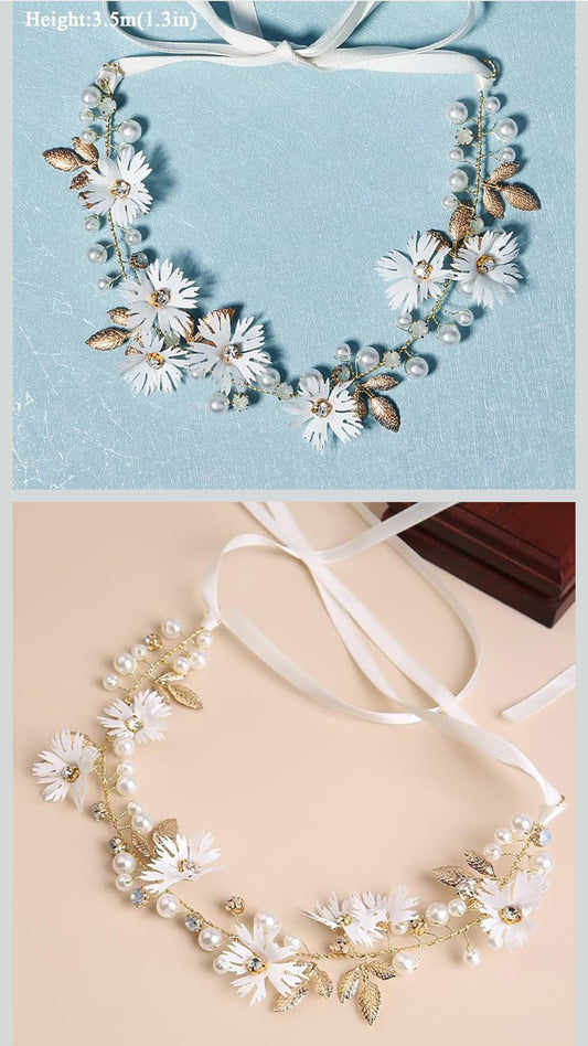 2 PCS Daisy Pearl Flower Vine Rhinestones Headband, Flower Headband Floral Hair Wreath Headpiece for Bridal Women Girls Hippie Wedding Party - Flip It Now