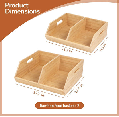 2 Pack Bamboo Storage Bins for Pantry Organization, Potato Onion Storage Containers - Kitchen Countertop Fruit Basket, Vegetable Produce Storage (2 Sizes)