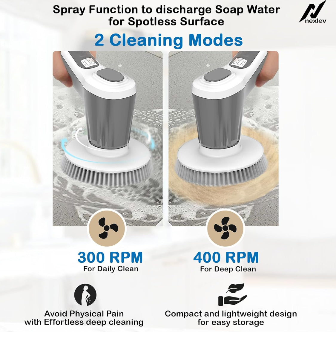 Electric Spin Scrubber, Cordless Cleaning Brush IPX7 Waterproof with 6 Replaceable Brush Heads, 2H Power Dual Speed, Shower Scrubber with Extension Handle for Bathroom Tub Tile Floor Car