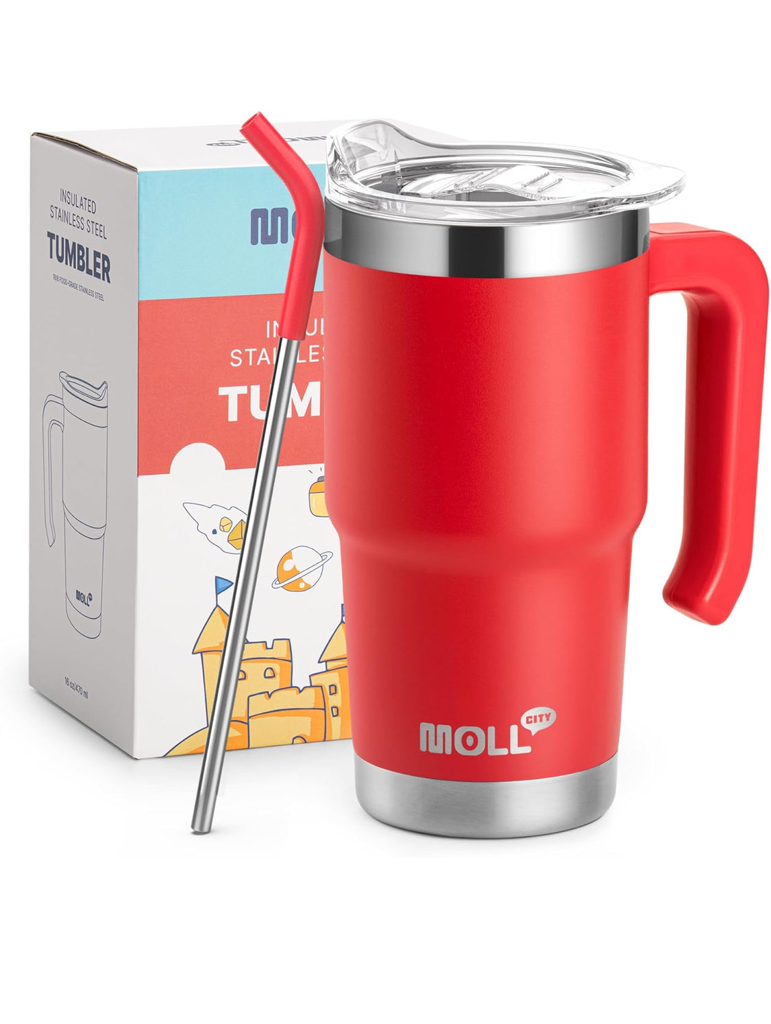 Kids Tumbler with Handle-16 oz Stainless Steel Vacuum Insulated Water Cup with Lid and Straw for Travel, Cupholder Friendly-Gift for Girl-Canyon Red