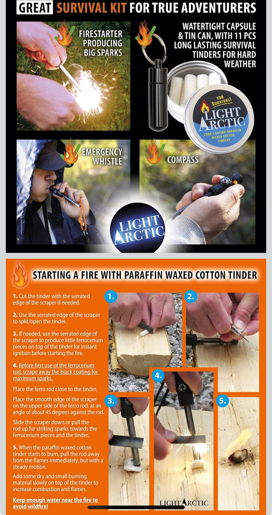 (2) Ferro Rod Fire Starter Kit Survival Gear by LightArctic: 7-in-1 Flint and Steel Includes Compass, Whistle, 11 pcs Waxed Tinders with Waterproof Capsule - Tested in The Most Extreme Weather Conditions