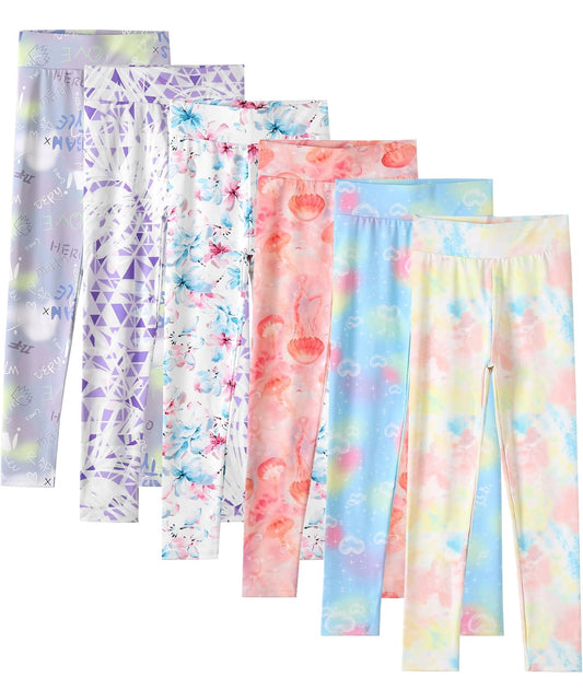 6 Pack Girls Printed Leggings High Waisted Yoga Pants for Girls Full Length Leggings Kids Stretchy Pants