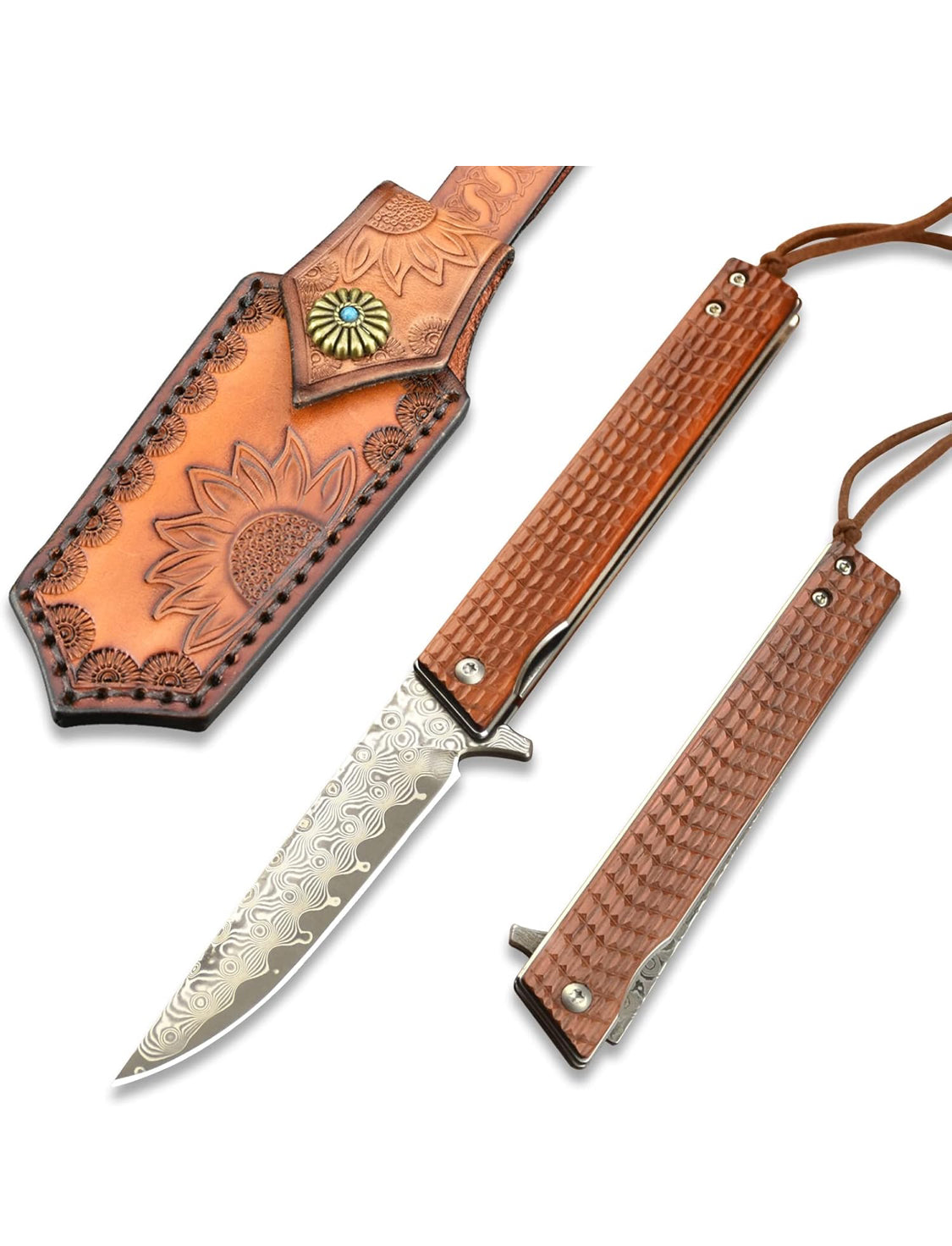 VALKNUT Damascus Pocket Knife, Handmade Hand Forged VG-10 Steel Folding Knives with Leather Sheath, 3-3/4 Inch Blade Pocket Knife for Outdoor Camping and Hunting (Sandalwood Handle) - Flip It Now