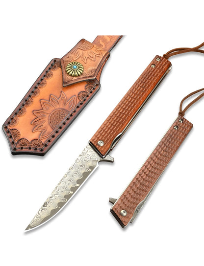 VALKNUT Damascus Pocket Knife, Handmade Hand Forged VG-10 Steel Folding Knives with Leather Sheath, 3-3/4 Inch Blade Pocket Knife for Outdoor Camping and Hunting (Sandalwood Handle) - Flip It Now