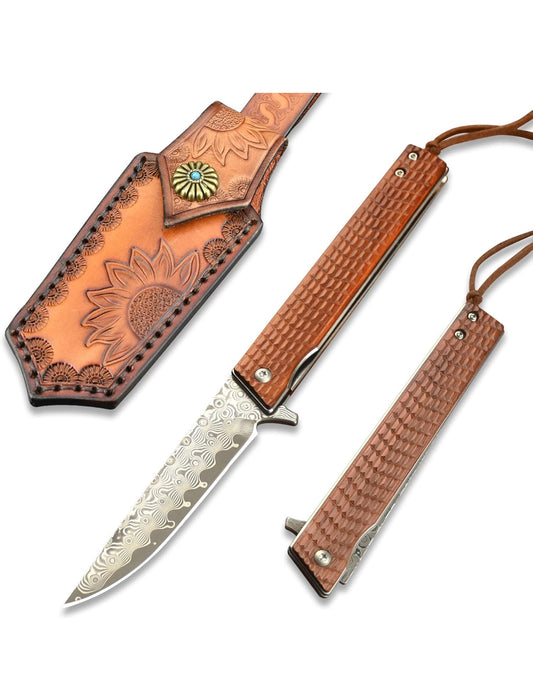 VALKNUT Damascus Pocket Knife, Handmade Hand Forged VG-10 Steel Folding Knives with Leather Sheath, 3-3/4 Inch Blade Pocket Knife for Outdoor Camping and Hunting (Sandalwood Handle) - Flip It Now