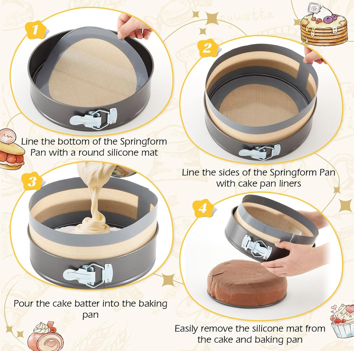 Honeydak 9 Inch Springform Pan with Silicone Baking Mat Set Non-stick Cheesecake Pan with Removable Bottom Protector Prevent Cake from Sticking to Bottom and Side Easy Clean Silicone Liners for Baking - Flip It Now