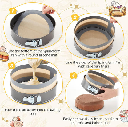 Honeydak 9 Inch Springform Pan with Silicone Baking Mat Set Non-stick Cheesecake Pan with Removable Bottom Protector Prevent Cake from Sticking to Bottom and Side Easy Clean Silicone Liners for Baking - Flip It Now