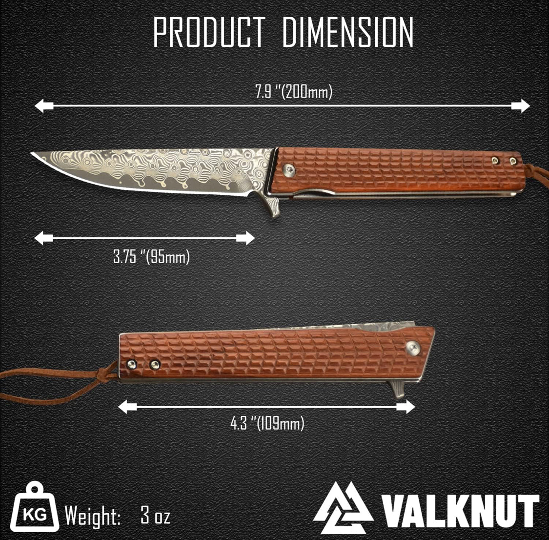 VALKNUT Damascus Pocket Knife, Handmade Hand Forged VG-10 Steel Folding Knives with Leather Sheath, 3-3/4 Inch Blade Pocket Knife for Outdoor Camping and Hunting (Sandalwood Handle) - Flip It Now